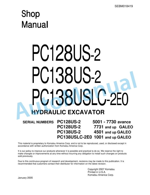 Komatsu PC128US-2, PC138US-2, PC138USLC-2E0 Hydraulic Excavator Shop Manual SEBM018419