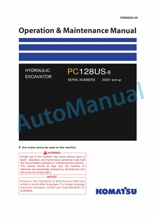 Komatsu PC128US-8 Hydraulic Excavator Operation and Maintenance Manual YEN00003-00