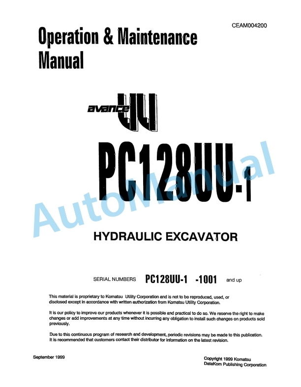 Komatsu PC128UU-1 Avance Hydraulic Excavator Operation and Maintenance Manual CEAM004200
