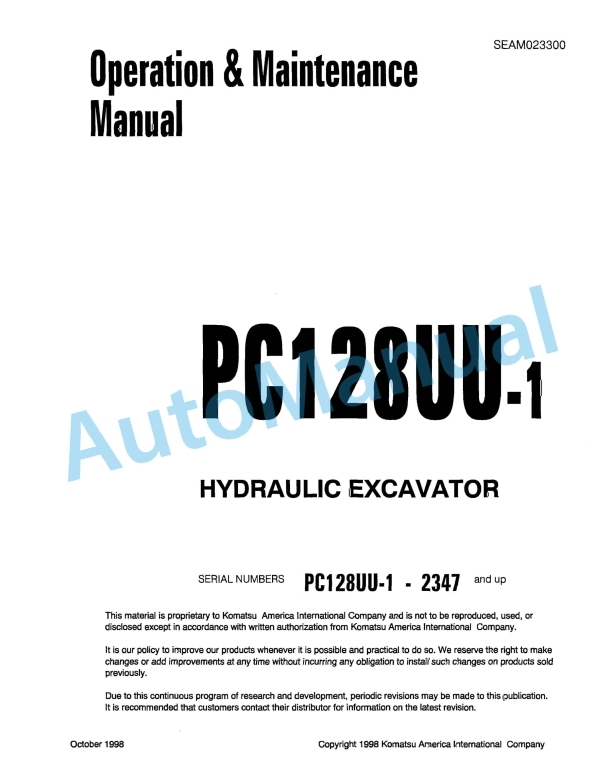 Komatsu PC128UU-1 Hydraulic Excavator Operation and Maintenance Manual SEAM023300