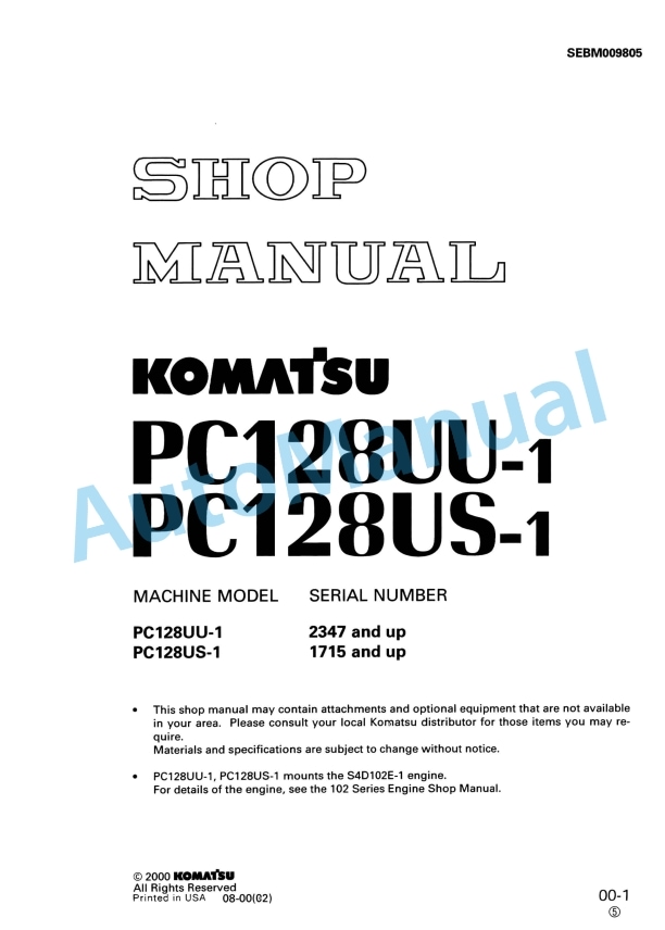 Komatsu PC128UU-1, PC128US-1 Hydraulic Excavator Shop Manual SEBM009805