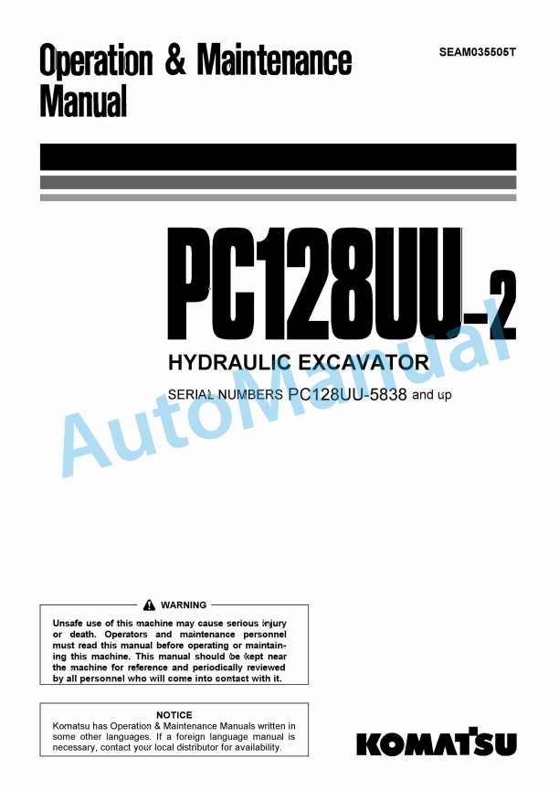 Komatsu PC128UU-2 Hydraulic Excavator Operation and Maintenance Manual SEAM035505T