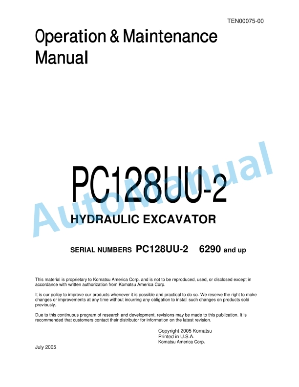 Komatsu PC128UU-2 Hydraulic Excavator Operation and Maintenance Manual TEN00075-00