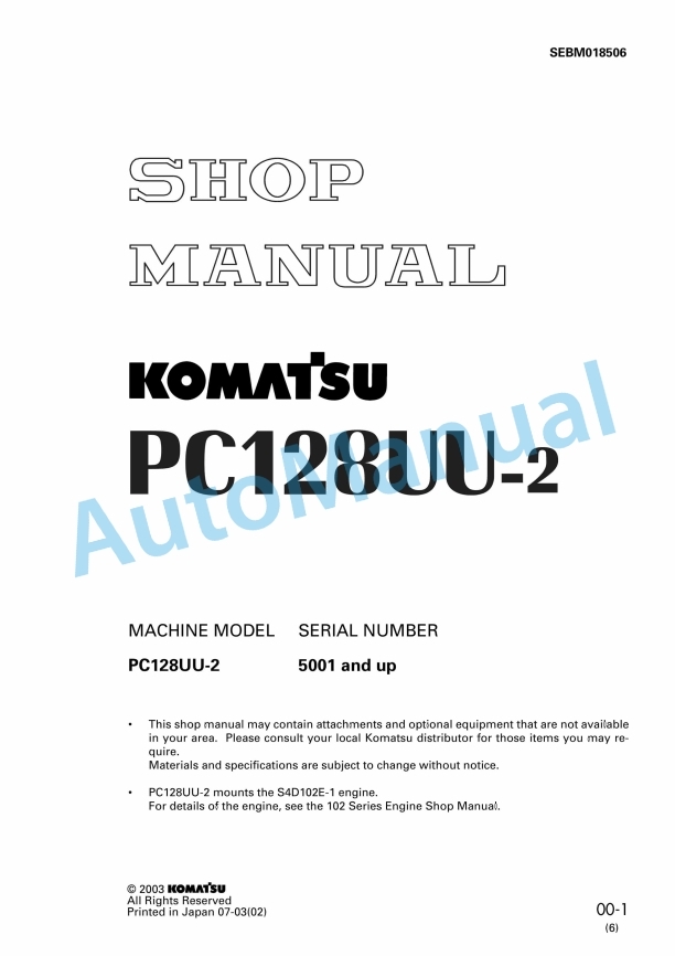 Komatsu PC128UU-2 Hydraulic Excavator Shop Manual SEBM018506