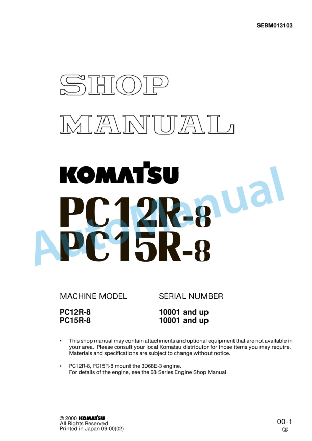 Komatsu PC12R-8, PC15R-8 Hydraulic Excavator Shop Manual SEBM013103