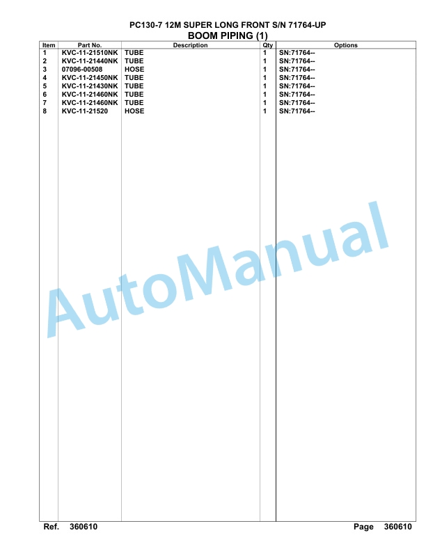 Komatsu PC130-7 12M Super Long Front Hydraulic Excavator Parts Manual 71764-UP-3