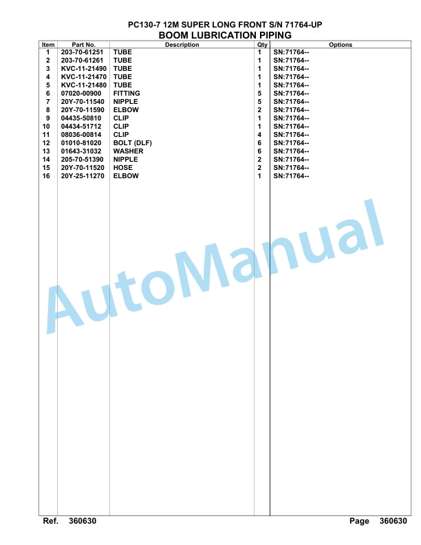 Komatsu PC130-7 12M Super Long Front Hydraulic Excavator Parts Manual 71764-UP-4