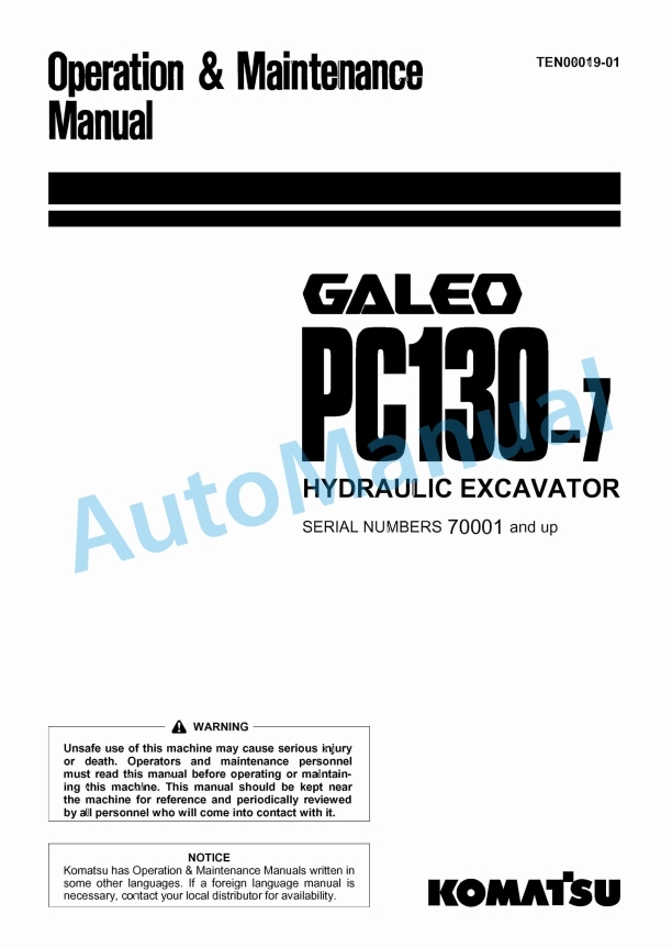 Komatsu PC130-7 Galeo Hydraulic Excavator Operation and Maintenance Manual TEN00019-01