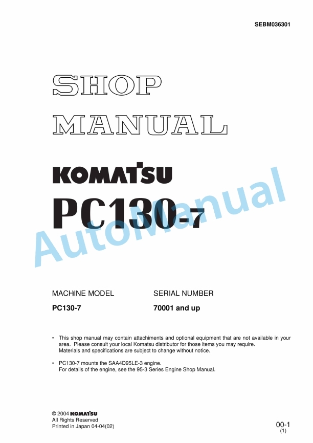 Komatsu PC130-7 Hydraulic Excavator Shop Manual SEBM036301