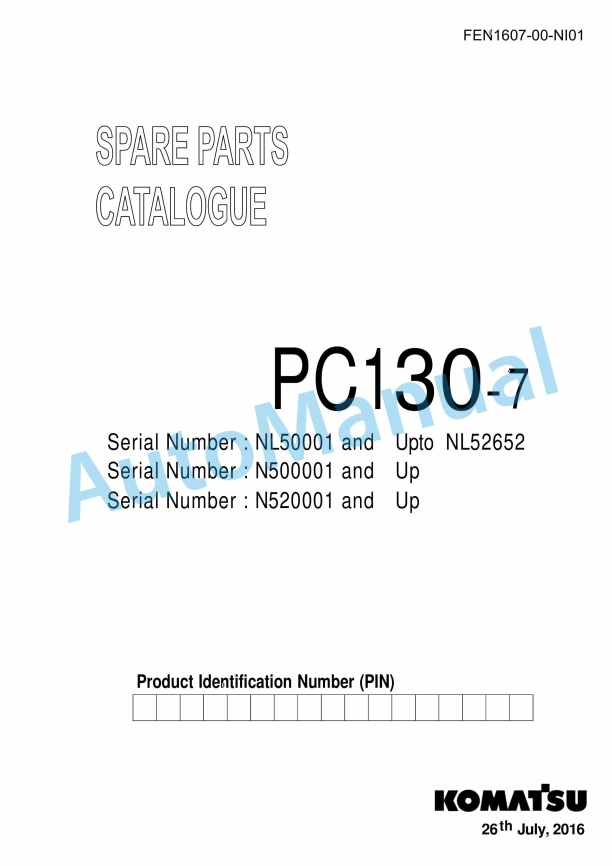 Komatsu PC130-7 Parts Manual FEN1607-00-NI01