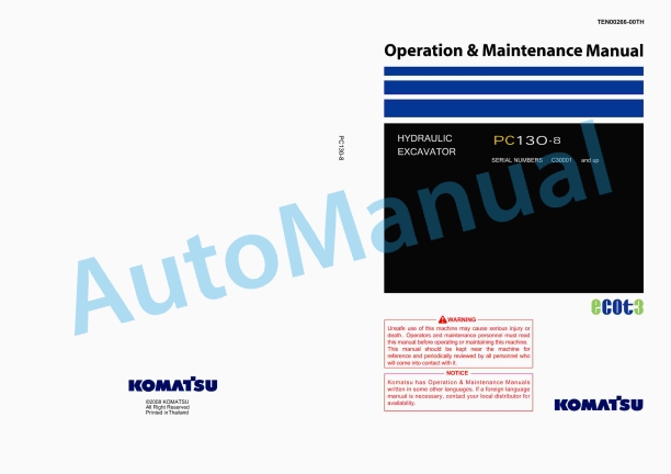 Komatsu PC130-8 Hydraulic Excavator Operation and Maintenance Manual TEN00266-00TH