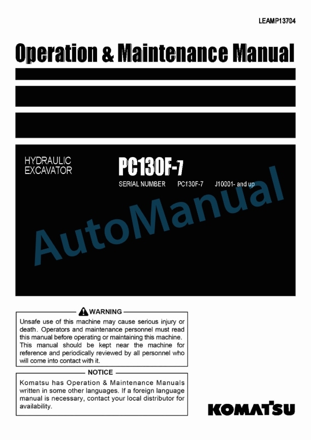 Komatsu PC130F-7 Hydraulic Excavator Operation and Maintenance Manual LEAMP13704