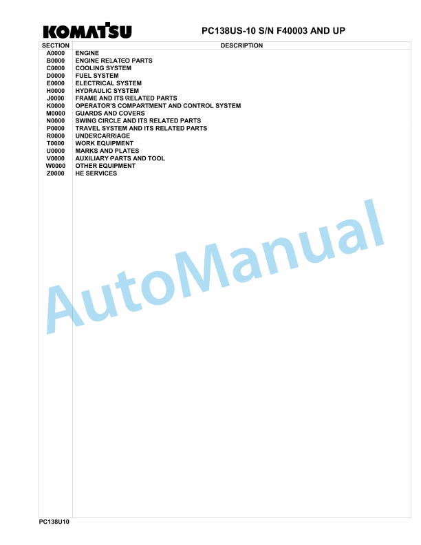 Komatsu PC130US-10 Hydraulic Excavator Parts Manual F40003-UP