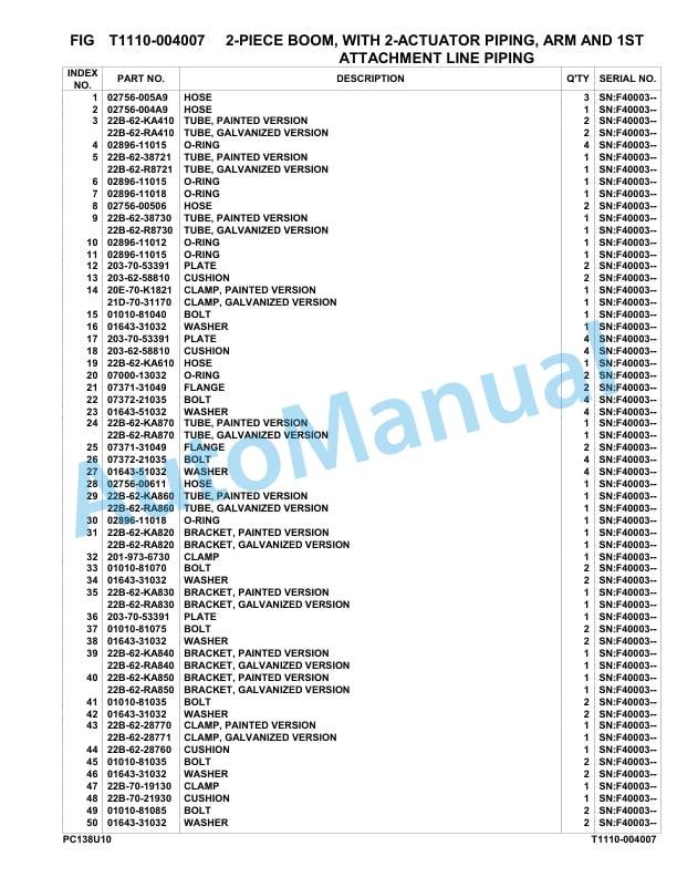 Komatsu PC130US-10 Hydraulic Excavator Parts Manual F40003-UP-5