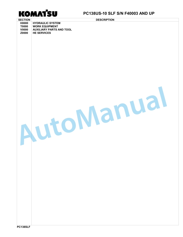 Komatsu PC130US-10 SLF Hydraulic Excavator Parts Manual F40003-UP