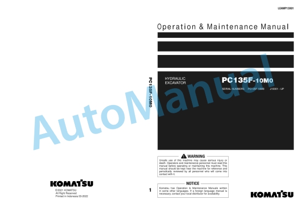 Komatsu PC135F-10M0 Hydraulic Excavator Operation and Maintenance Manual LEAMP13X01