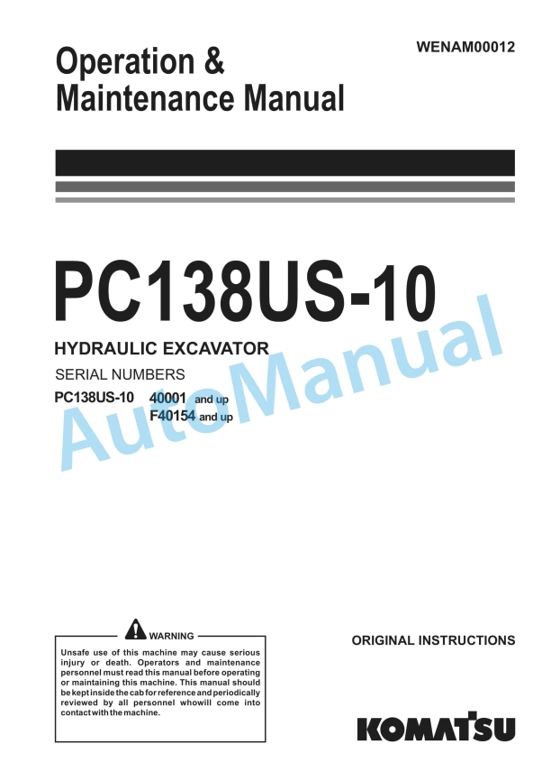 Komatsu PC138US-10 Hydraulic Excavator Operation and Maintenance Manual WENAM00012