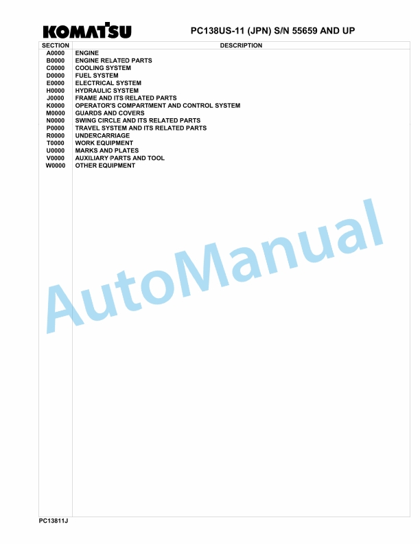 Komatsu PC138US-11 Hydraulic Excavator Parts Manual 55659-UP