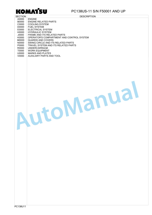 Komatsu PC138US-11 Hydraulic Excavator Parts Manual F50001 AND UP