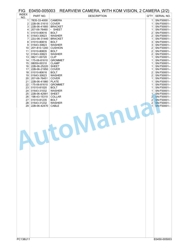Komatsu PC138US-11 Hydraulic Excavator Parts Manual F50001 AND UP-2