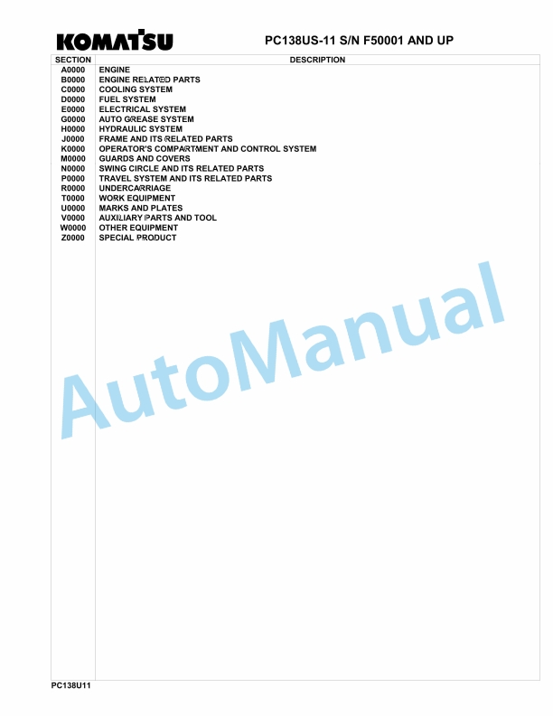 Komatsu PC138US-11 Hydraulic Excavator Parts Manual F50001-UP