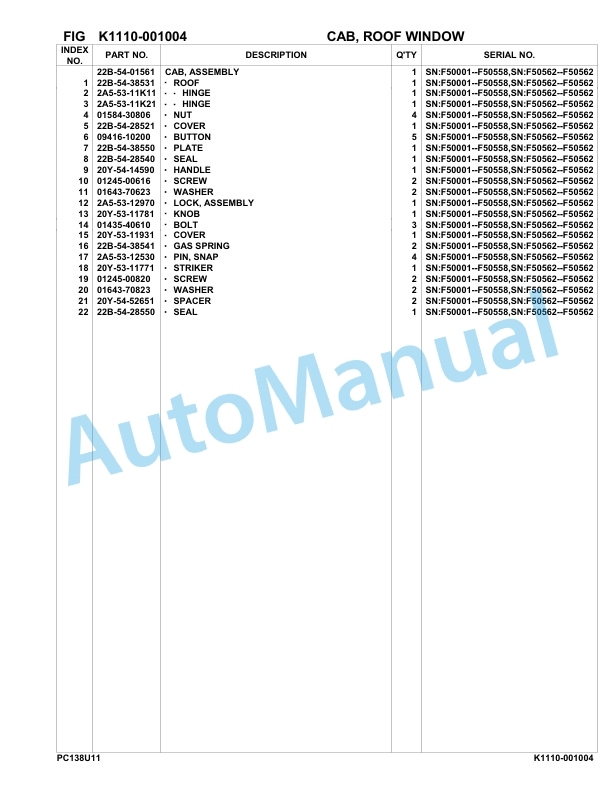 Komatsu PC138US-11 Hydraulic Excavator Parts Manual F50001-UP-3