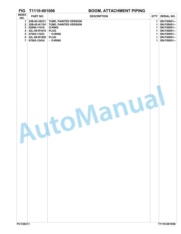 Komatsu PC138US-11 Hydraulic Excavator Parts Manual F50001-UP-5