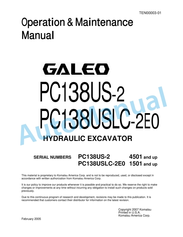 Komatsu PC138US-2, PC138USLC-2E0 Galeo Hydraulic Excavator Operation and Maintenance Manual TEN00003-01