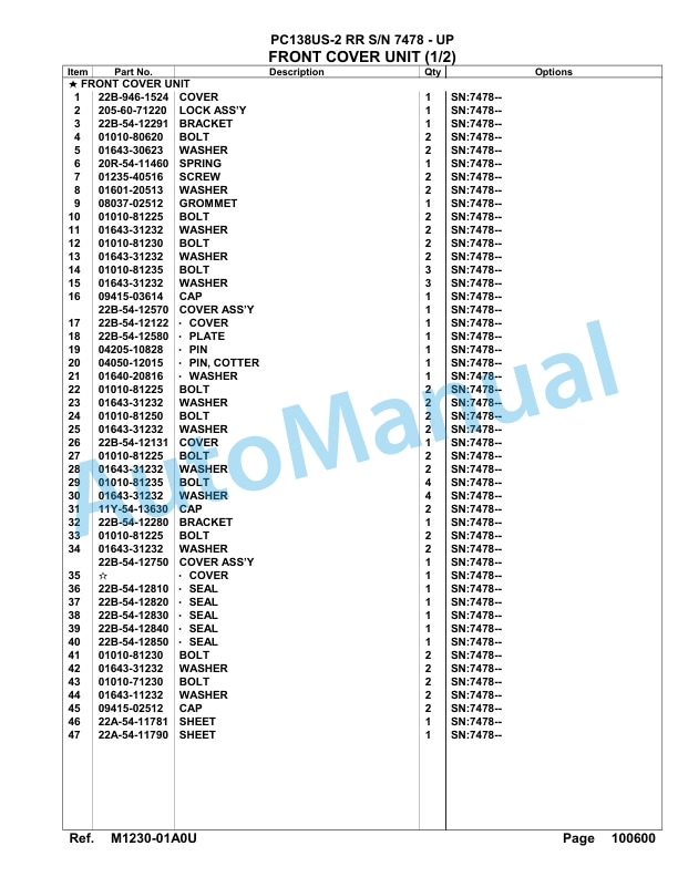 Komatsu PC138US-2 RR Hydraulic Excavator Parts Manual 7478 - UP-2