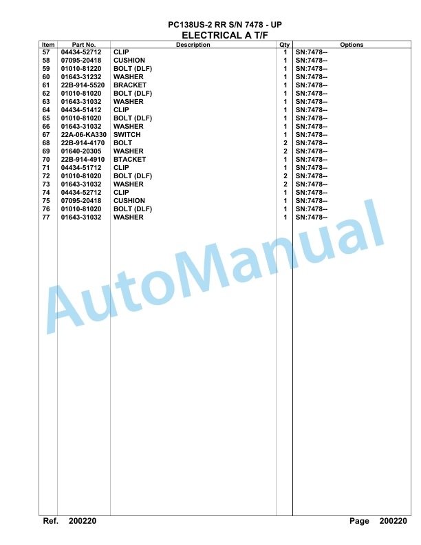 Komatsu PC138US-2 RR Hydraulic Excavator Parts Manual 7478 - UP-3