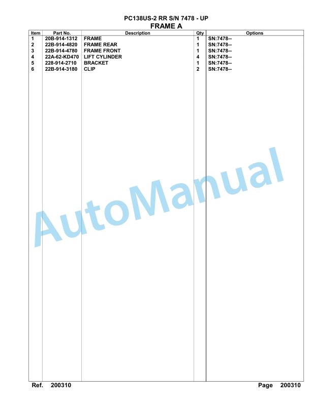 Komatsu PC138US-2 RR Hydraulic Excavator Parts Manual 7478 - UP-4