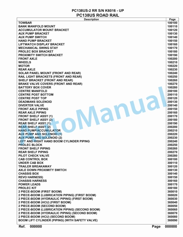 Komatsu PC138US-2 RR Hydraulic Excavator Parts Manual K6016 - UP