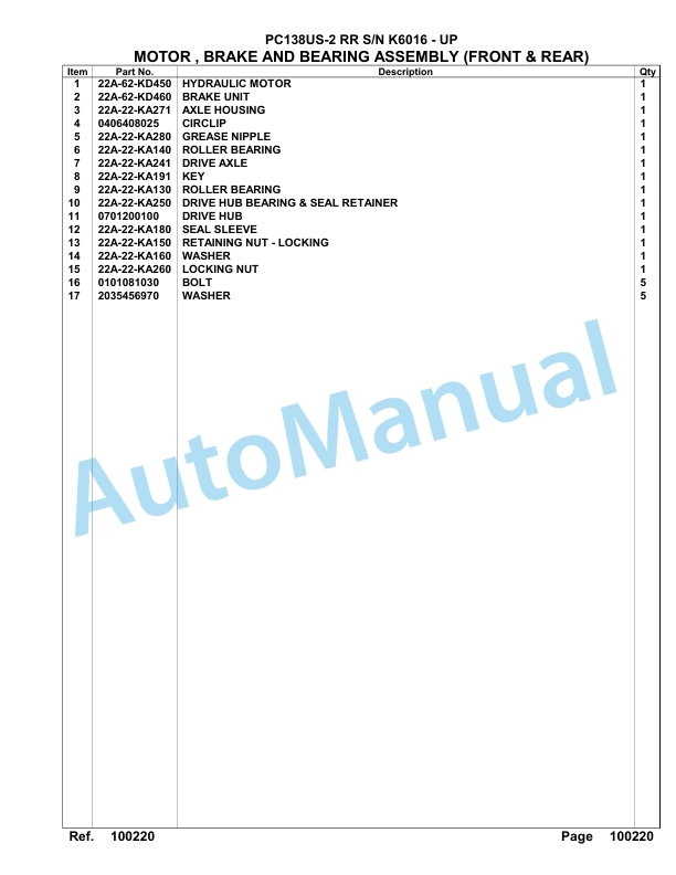 Komatsu PC138US-2 RR Hydraulic Excavator Parts Manual K6016 - UP-2