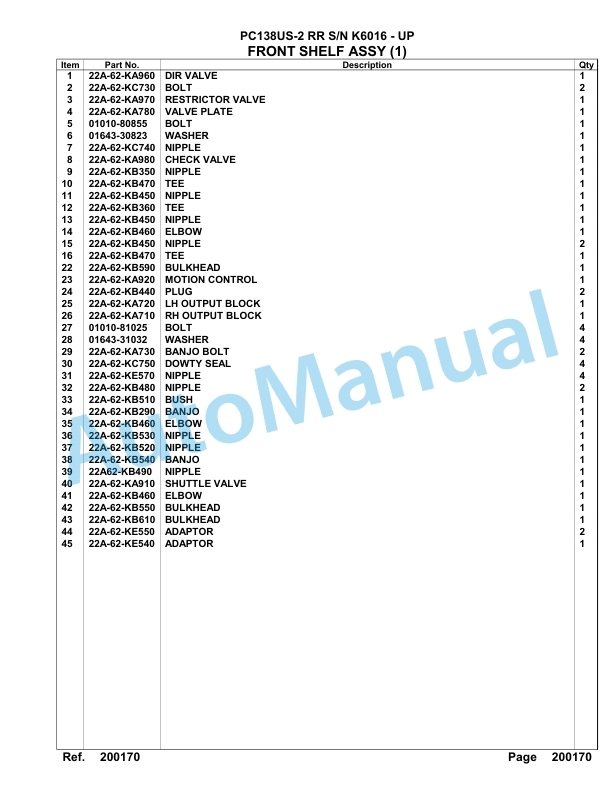 Komatsu PC138US-2 RR Hydraulic Excavator Parts Manual K6016 - UP-3