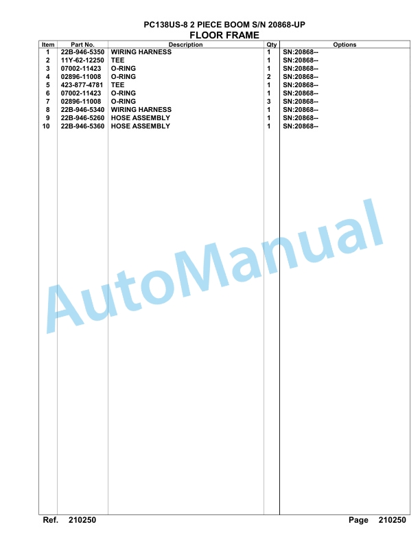 Komatsu PC138US-8 2 Piece Boom Hydraulic Excavator Parts Manual 20868-UP-2