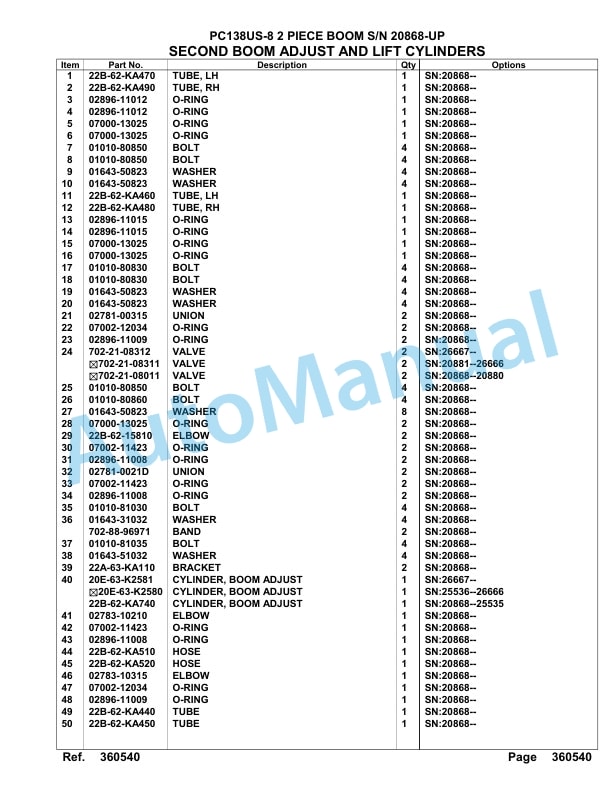 Komatsu PC138US-8 2 Piece Boom Hydraulic Excavator Parts Manual 20868-UP-5