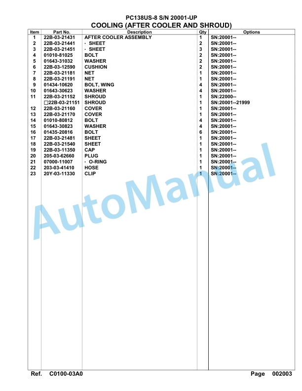 Komatsu PC138US-8 Hydraulic Excavator Parts Manual SAA4D91U-2