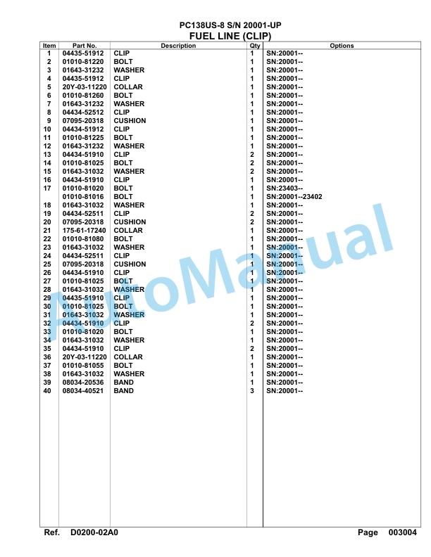 Komatsu PC138US-8 Hydraulic Excavator Parts Manual SAA4D91U-3
