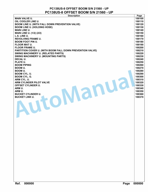Komatsu PC138US-8 Offset Boom Hydraulic Excavator Parts Manual 21560 - UP