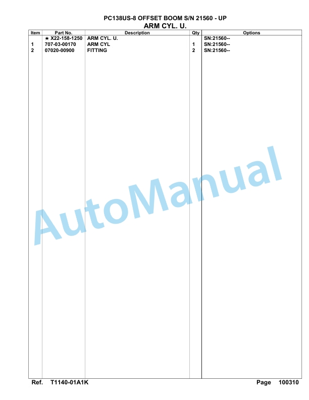 Komatsu PC138US-8 Offset Boom Hydraulic Excavator Parts Manual 21560 - UP-5
