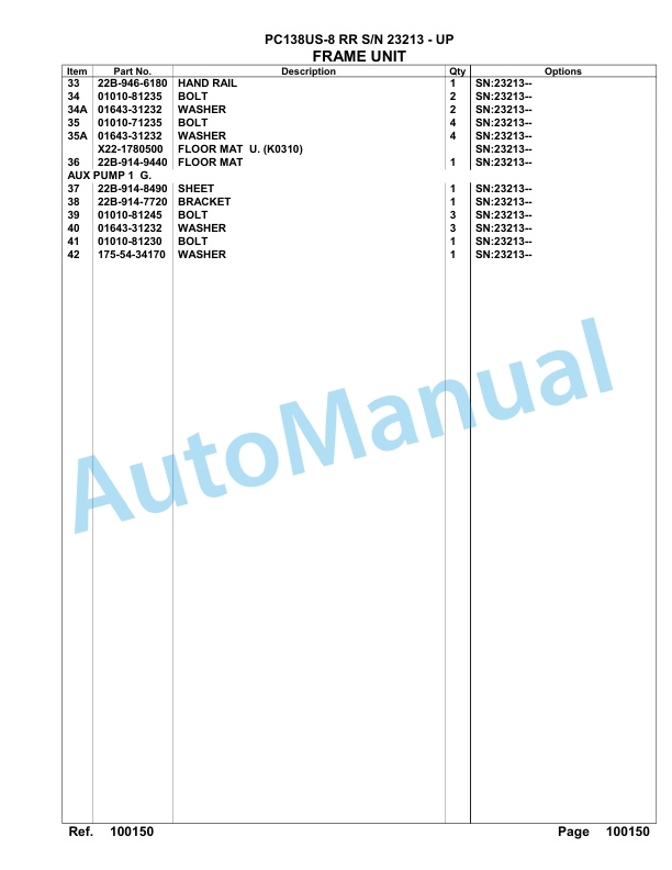 Komatsu PC138US-8 RR Hydraulic Excavator Parts Manual 23213 - UP-3