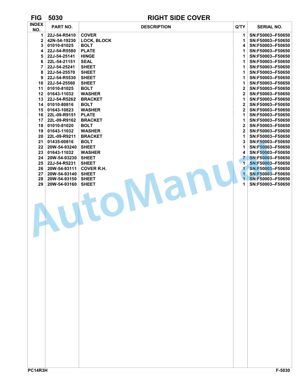 Komatsu PC14R-3 HS Hydraulic Excavator Parts Manual F50003-UP-3