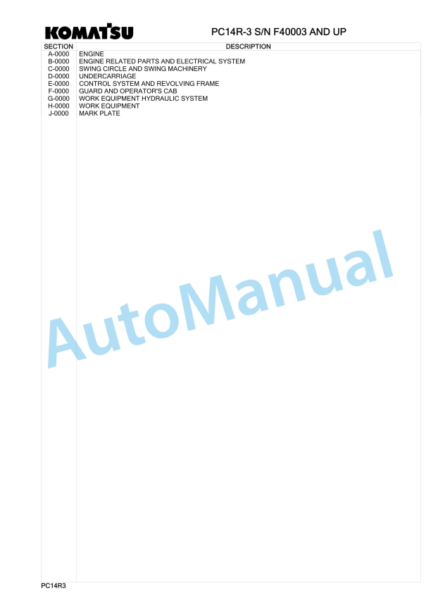 Komatsu PC14R-3 Hydraulic Excavator Parts Manual 7U2780