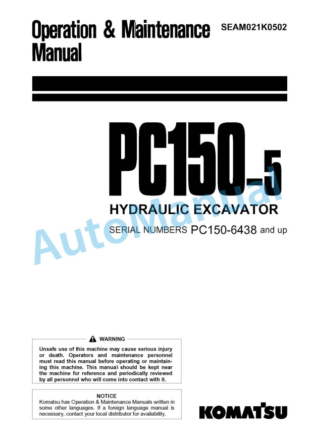 Komatsu PC150-5 Hydraulic Excavator Operation and Maintenance Manual SEAM021K0502