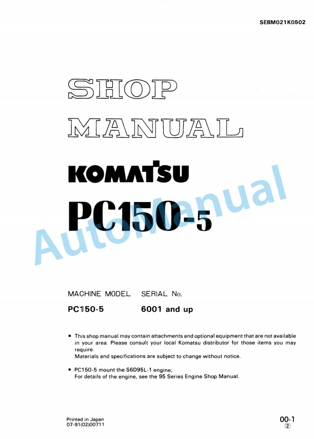 Komatsu PC150-5 Hydraulic Excavator Shop Manual SEBM021K0502