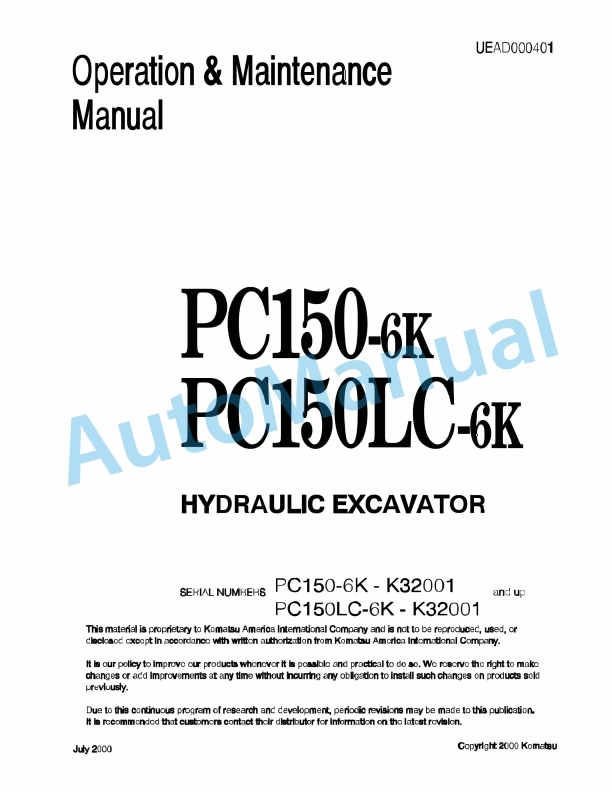 Komatsu PC150-6K, PC150LC-6K Hydraulic Excavator Operation and Maintenance Manual UEAD000401