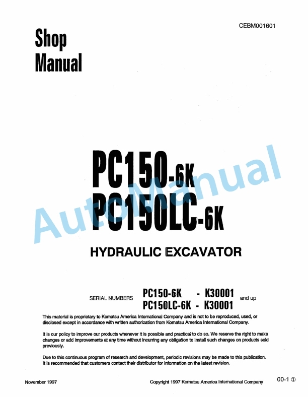 Komatsu PC150-6K, PC150LC-6K Hydraulic Excavator Shop Manual CEBM001601