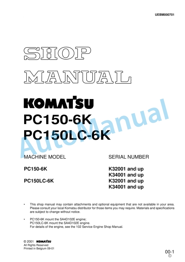 Komatsu PC150-6K, PC150LC-6K Hydraulic Excavator Shop Manual UEBM000701