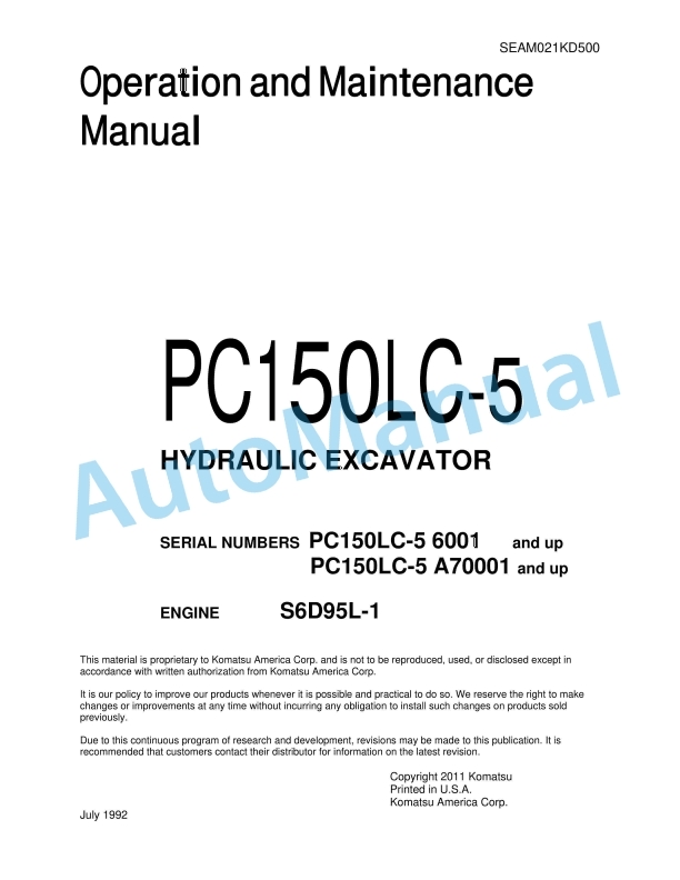 Komatsu PC150LC-5 Hydraulic Excavator Operation and Maintenance Manual SEAM021KD500