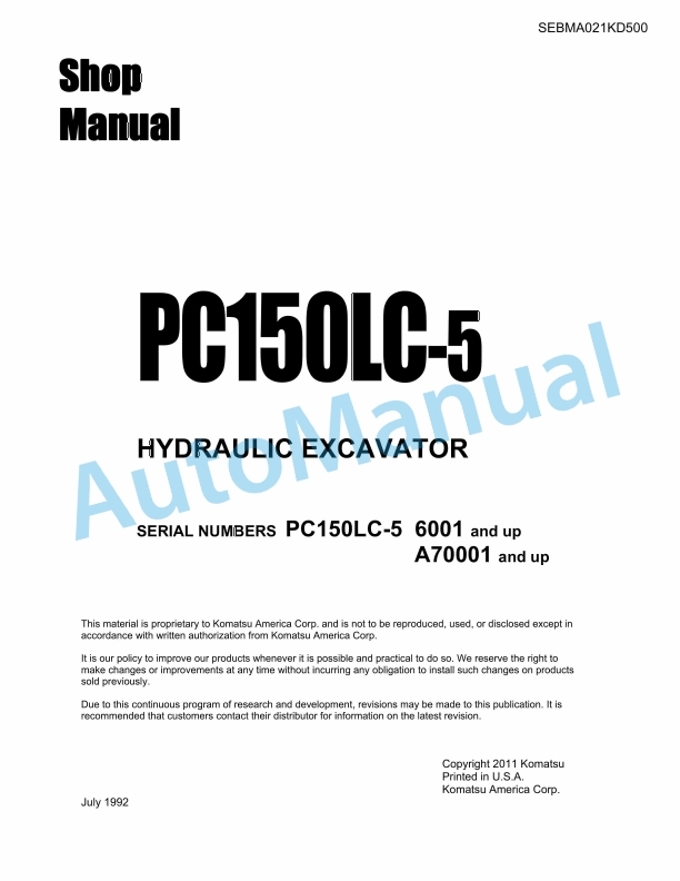 Komatsu PC150LC-5 Hydraulic Excavator Shop Manual SEBMA021KD500